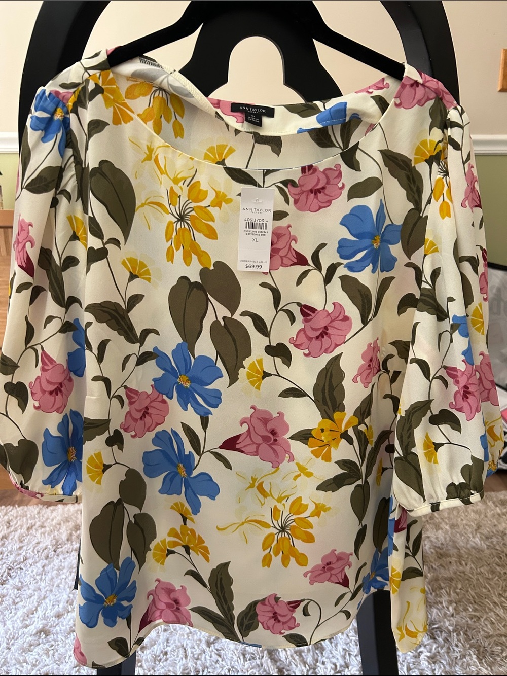 Ann Taylor Cream Floral Puff-Sleeve Blouse with Blue, Pink & Yellow Flowers